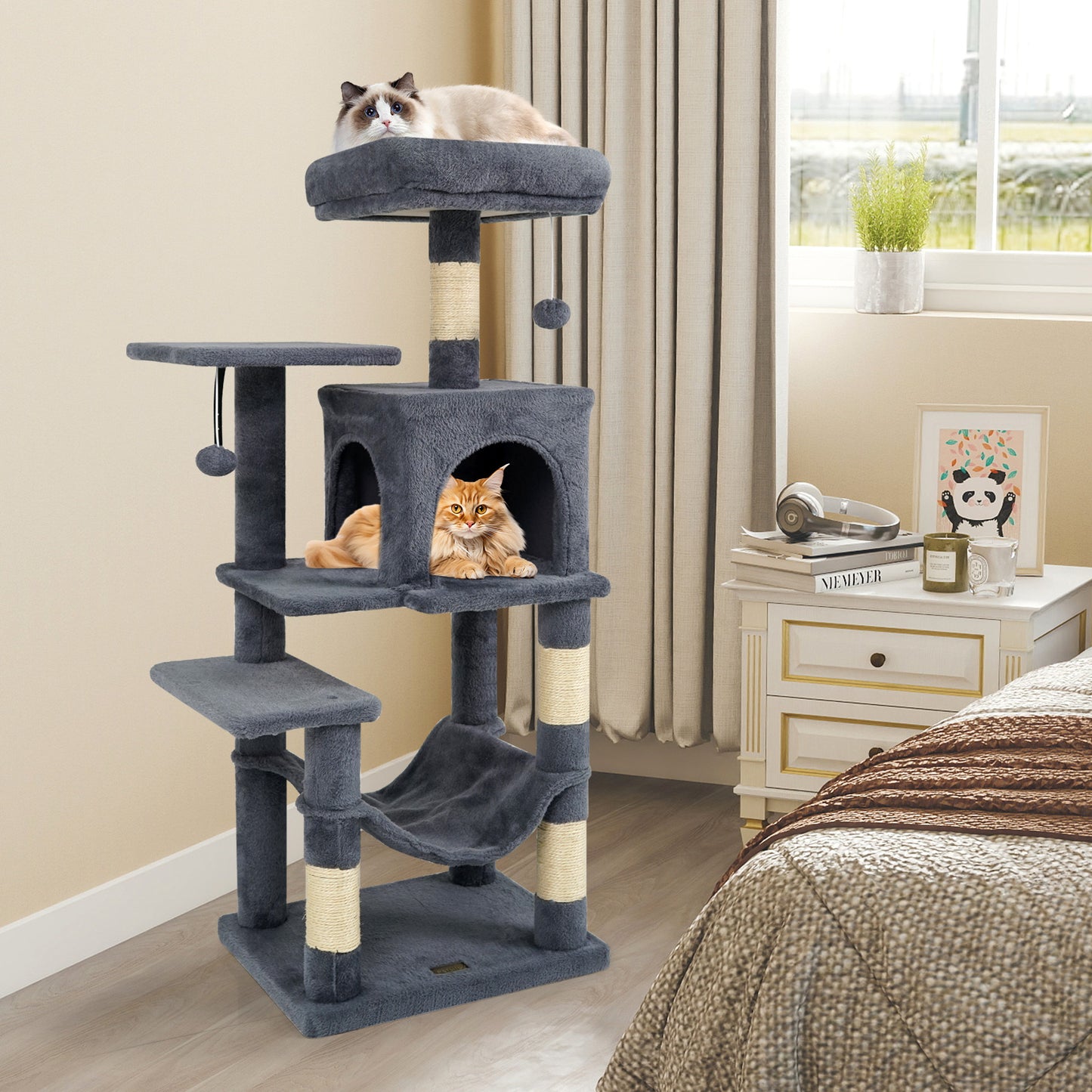 Multi-Level Cat Tower with 2-Door Condo and Padded Top Perch-Beige