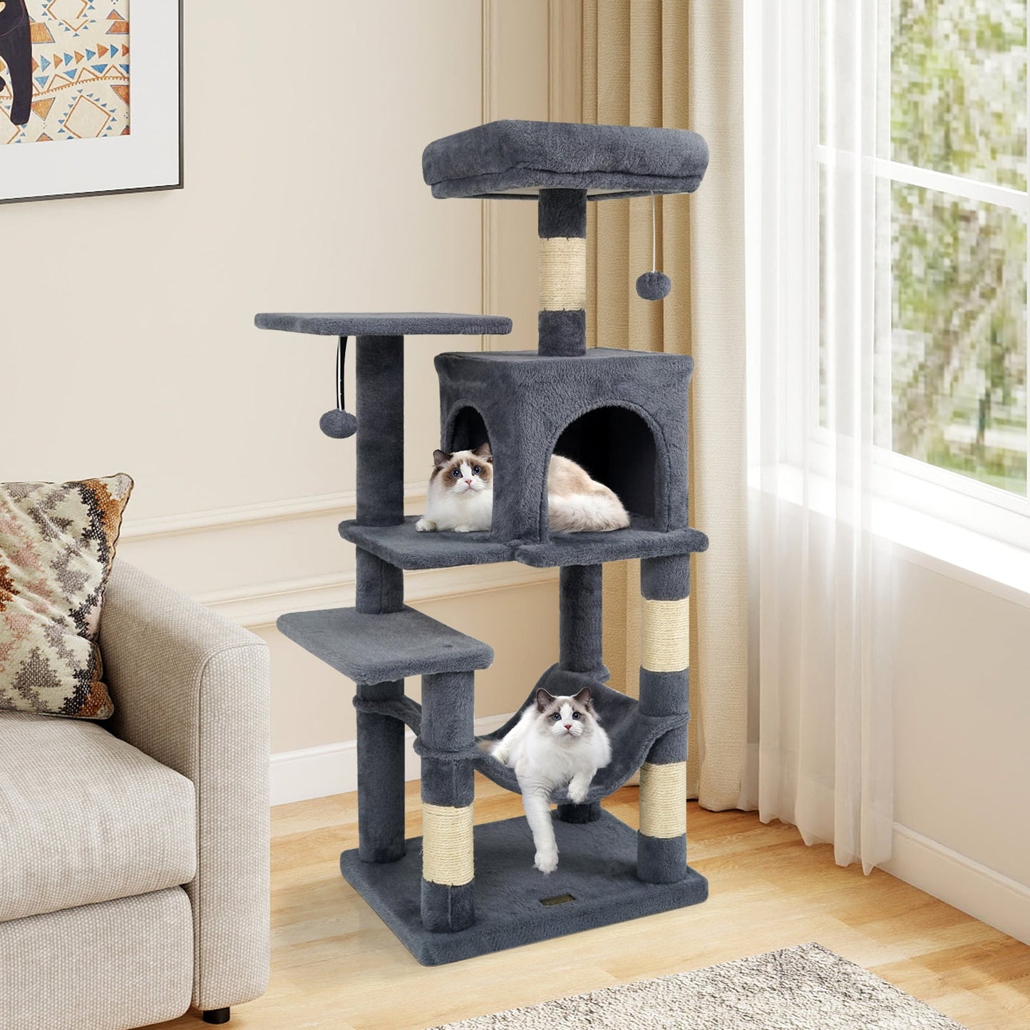 Multi-Level Cat Tower with 2-Door Condo and Padded Top Perch-Beige