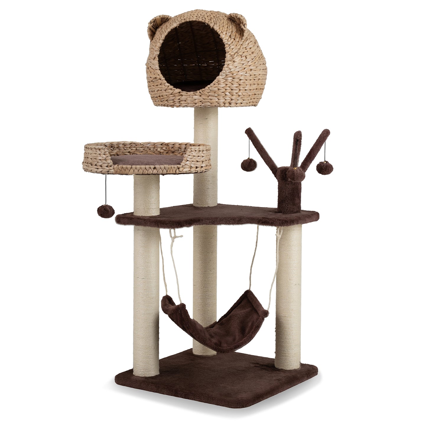 Multi-Level Cat Tree with Condo Hammock and Rotatable Hanging Balls-Brown