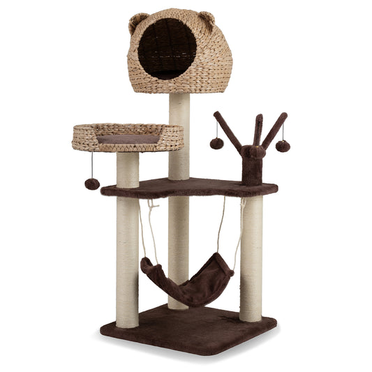 Brown multi-level cat tree with condo, hammock, and hanging balls for cats to play and rest.