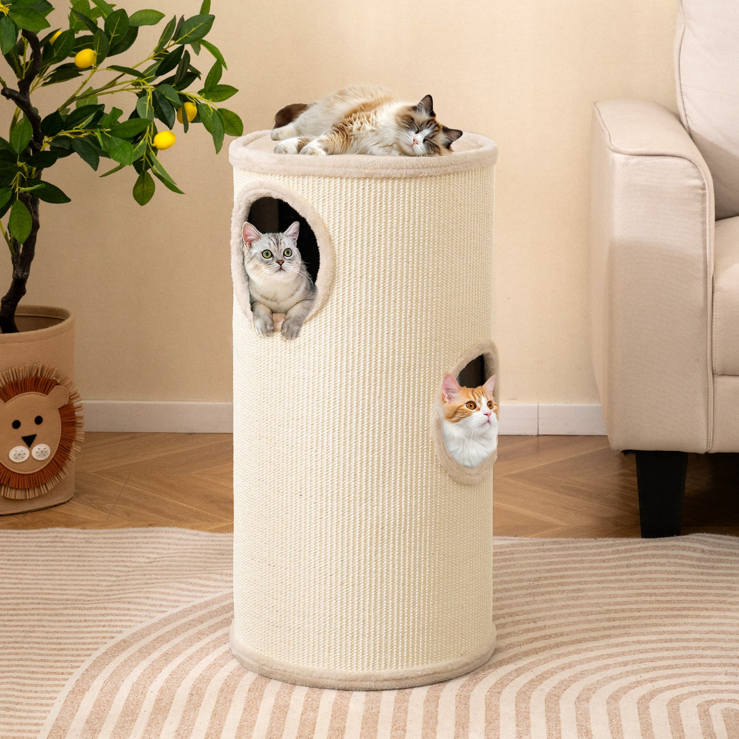 Multi-level Cat House with Sisal Scratching Pad-Beige