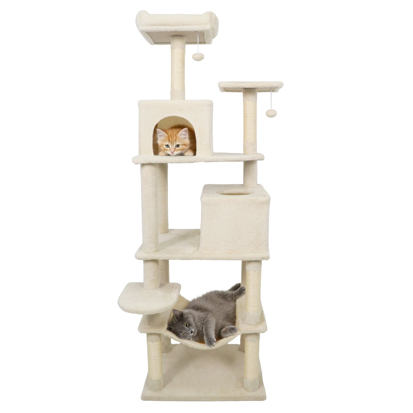 Multi-level Cat Tree Modern Cat Tower with Upholstered Perch and 2 Cat Condo-Beige