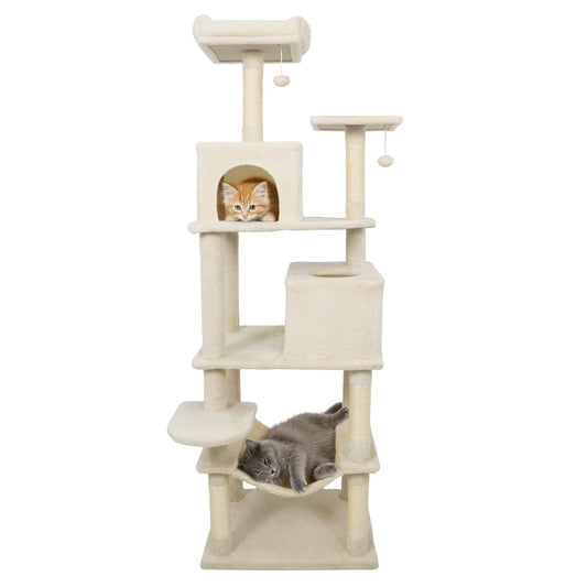 Multi-level Cat Tree Modern Cat Tower with Upholstered Perch and 2 Cat Condo-Beige