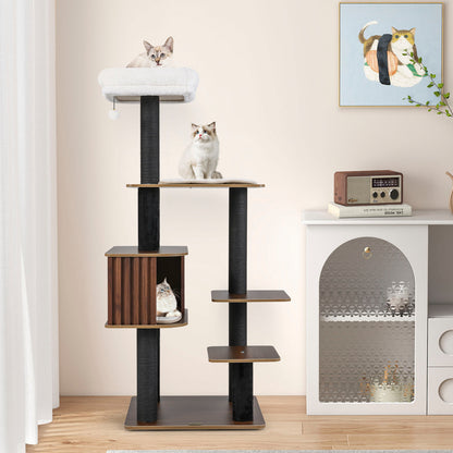 Multi-level Cat Tree for Indoor Cat 59.5 inch Tall Cat Tower with Cushion Top Perch-Brown