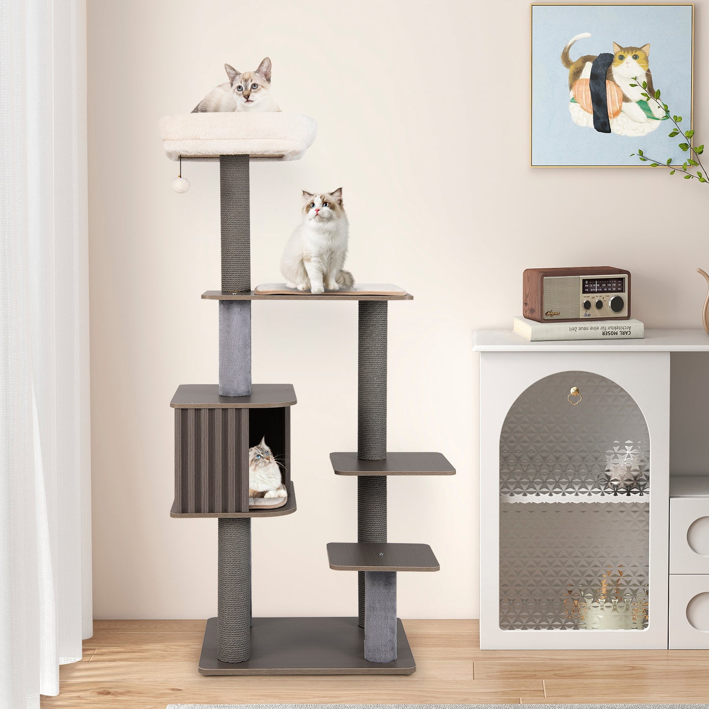 Multi-level Cat Tree for Indoor Cat 59.5 inch Tall Cat Tower with Cushion Top Perch-Brown