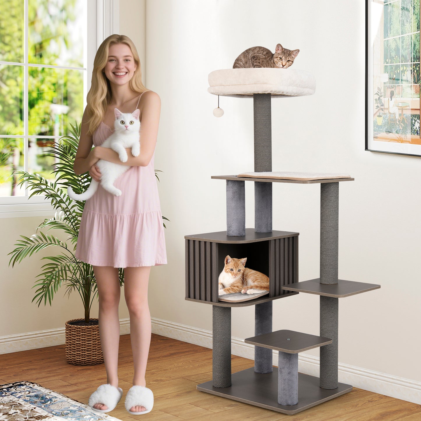 Multi-level Cat Tree for Indoor Cat 59.5 inch Tall Cat Tower with Cushion Top Perch-Brown