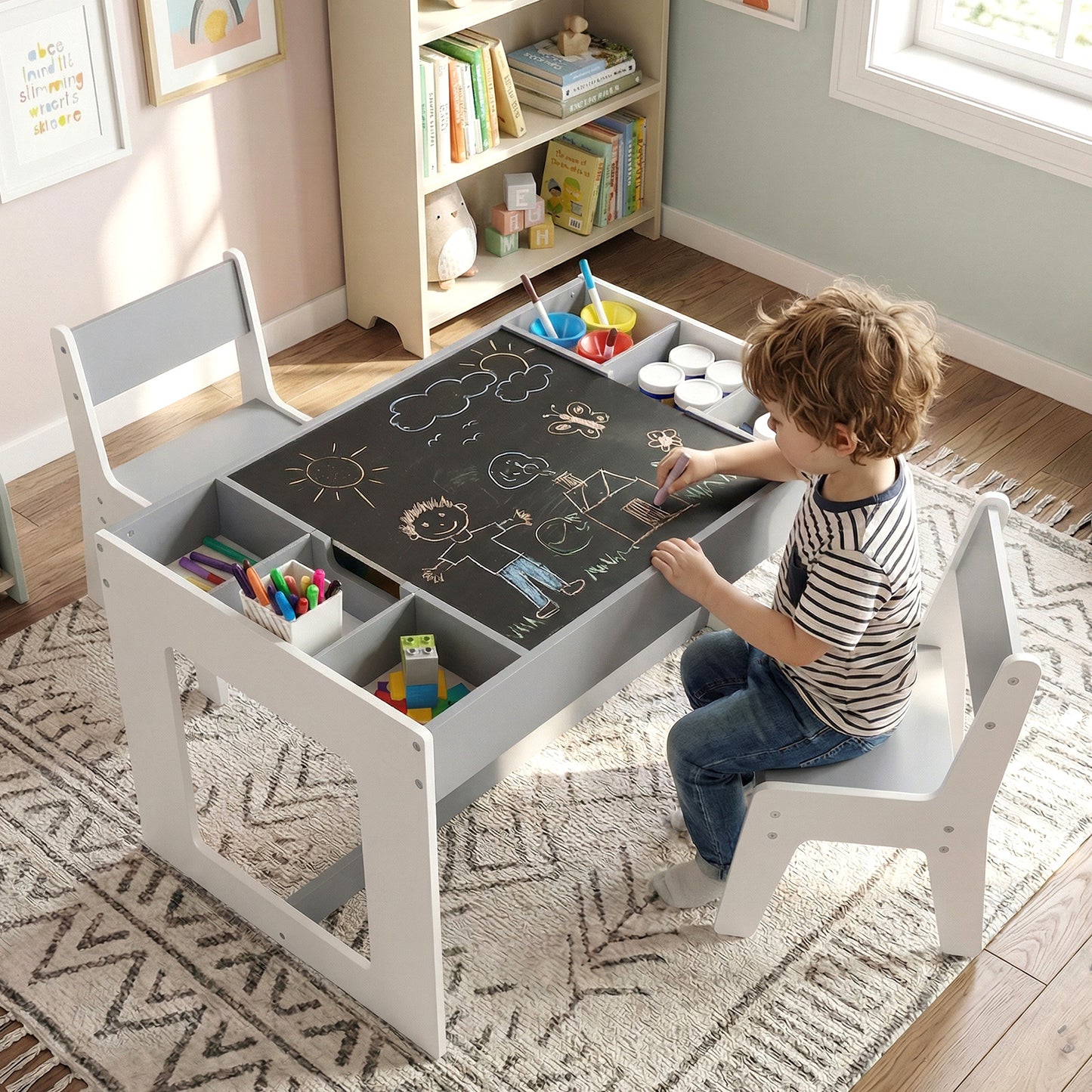 Multifunctional Kids Table and 2 Chairs Set with Chalkboard-Gray