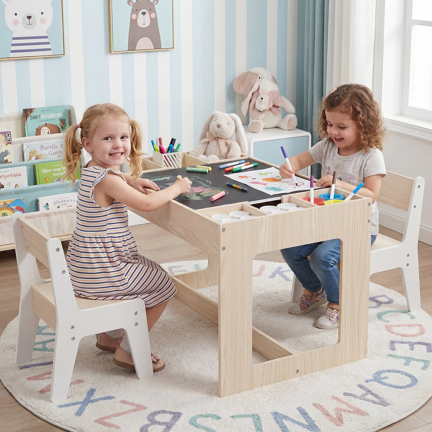 Multifunctional Kids Table and 2 Chairs Set with Chalkboard-Gray