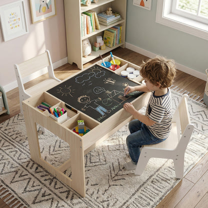 Multifunctional Kids Table and 2 Chairs Set with Chalkboard-Gray