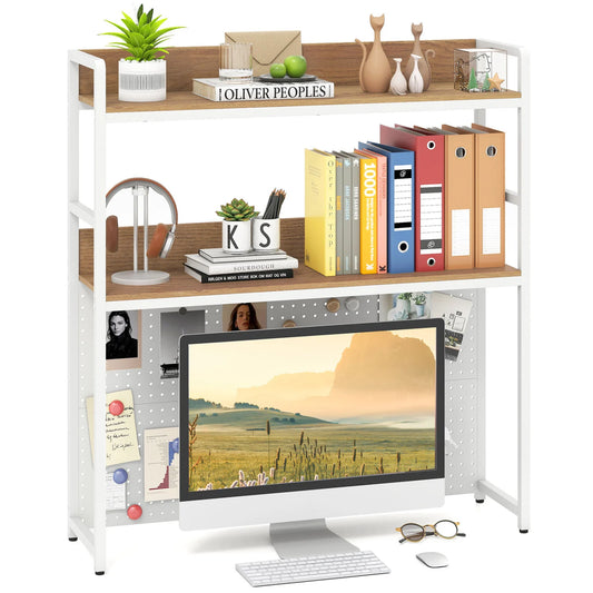 Multipurpose 2-Tier Desktop Bookshelf with Pegboard for up to 32 Inch Computer Monitor-Natural