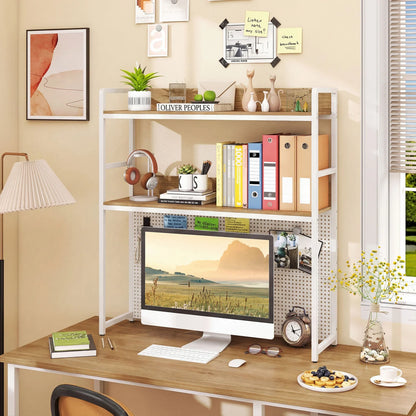 Multipurpose 2-Tier Desktop Bookshelf with Pegboard for up to 32 Inch Computer Monitor-Natural