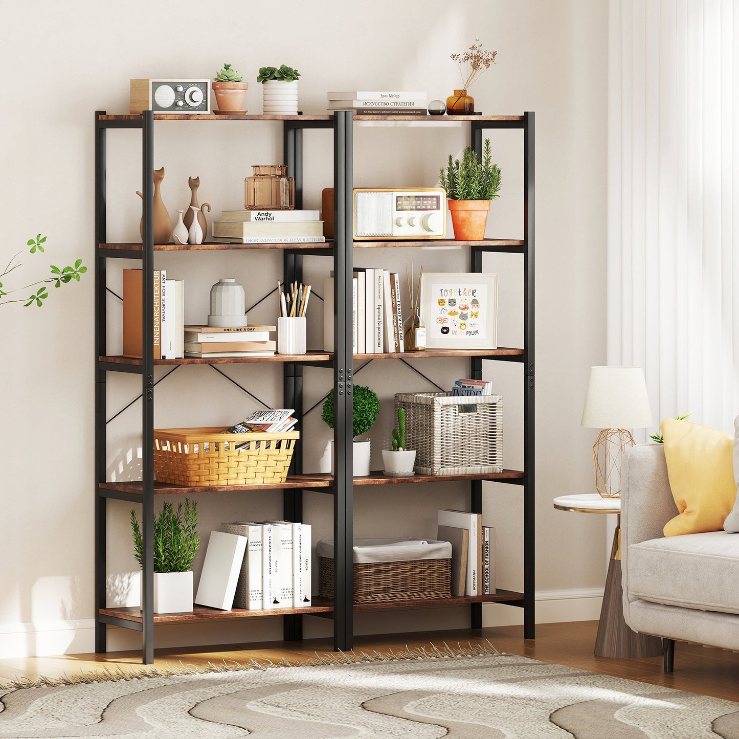 Multipurpose Open Bookcase Industrial Rack Wide Standing Storage Shelf-Brown