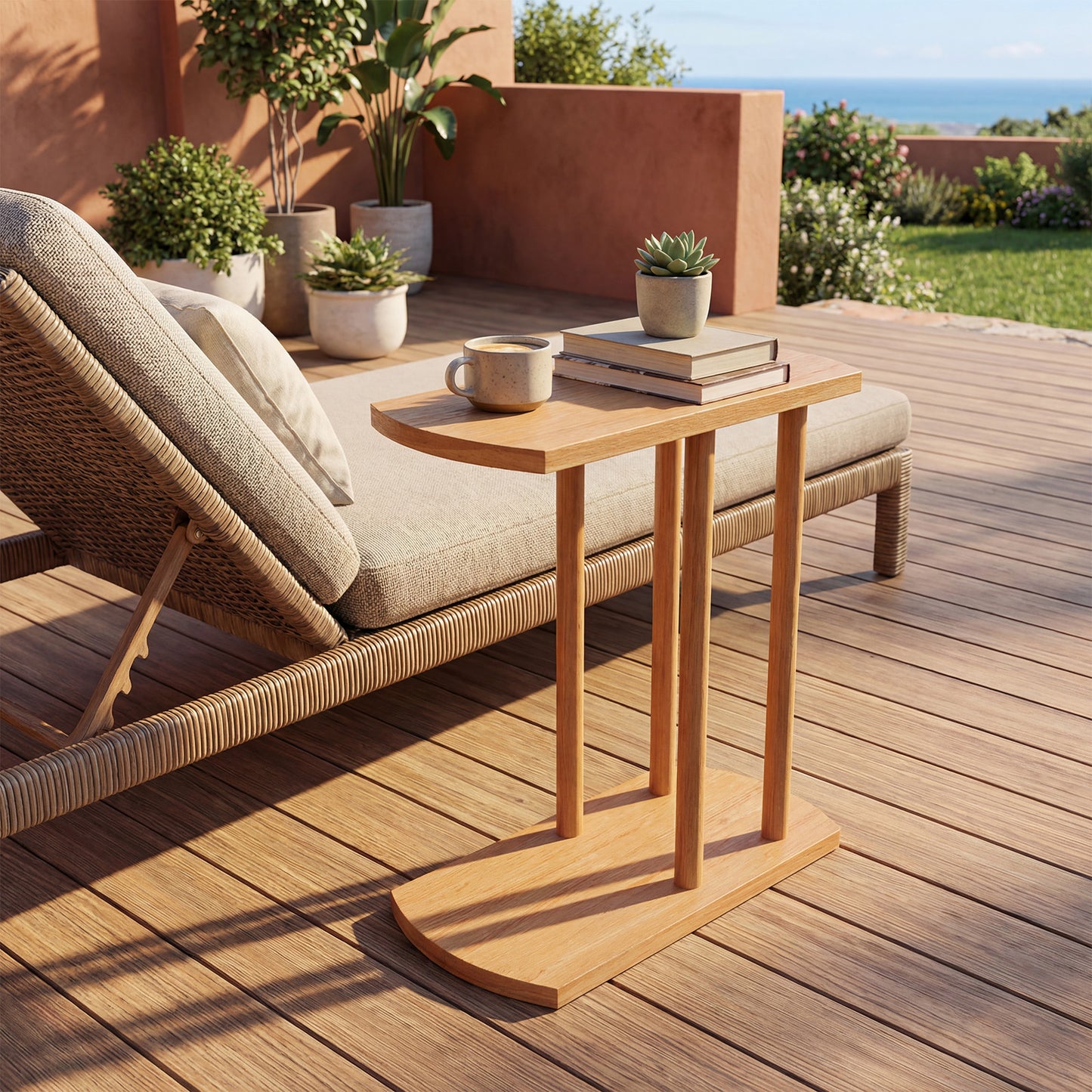 Narrow 2-Tier C-shaped Teak Wood Side Table with Thickened Top and Sturdy Base