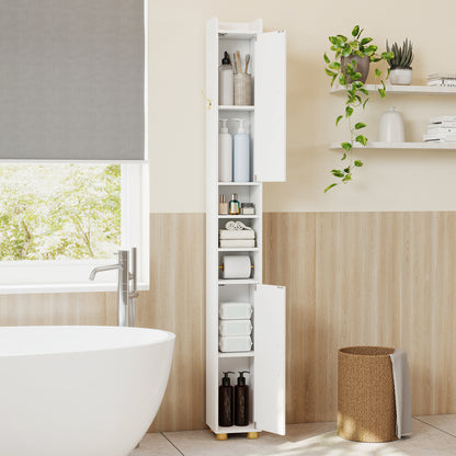White narrow bathroom storage cabinet with open shelves and toilet paper holder, ideal for bathroom organization and space-saving.