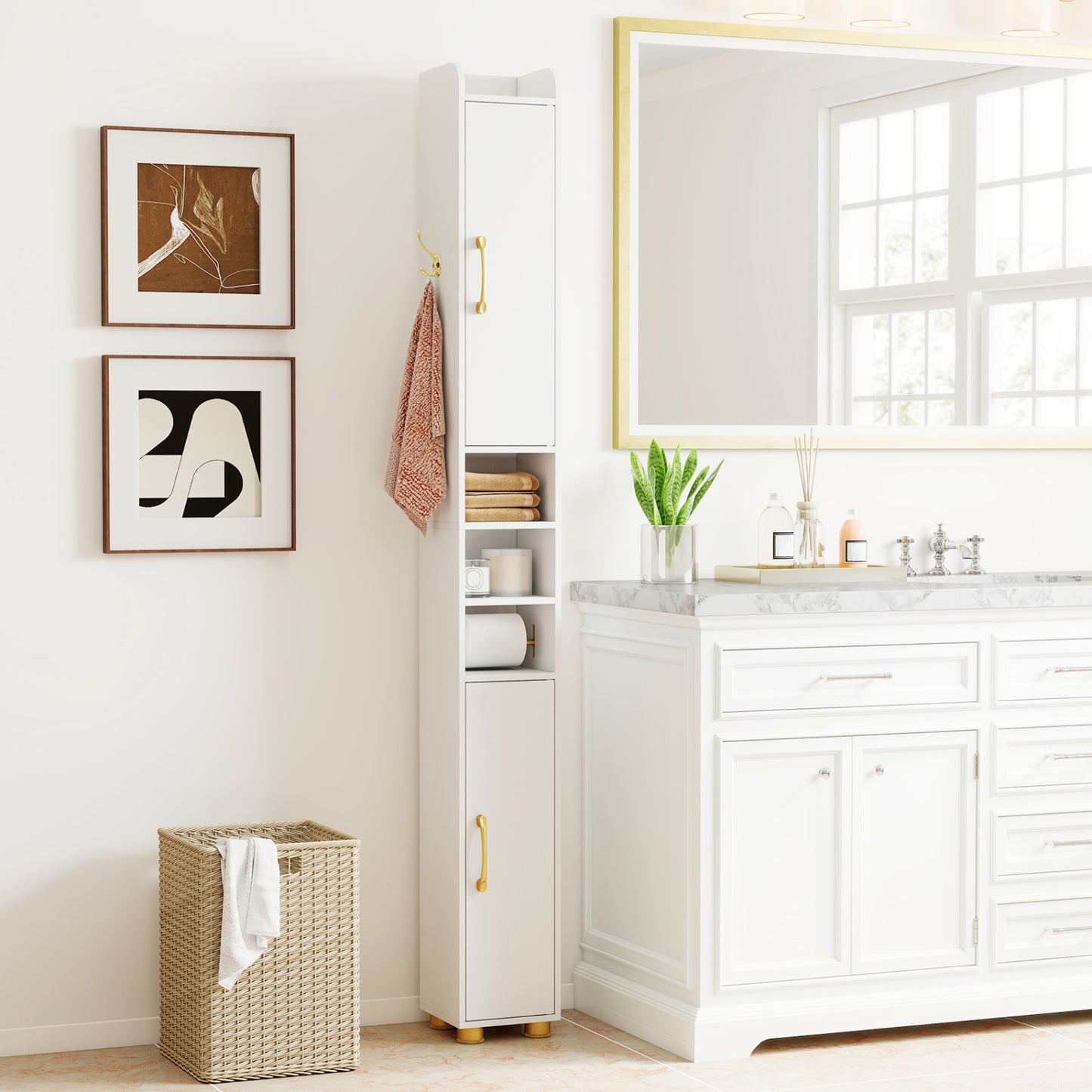 White narrow bathroom storage cabinet with open shelves and toilet paper holder, designed for bathroom organization and space-saving.