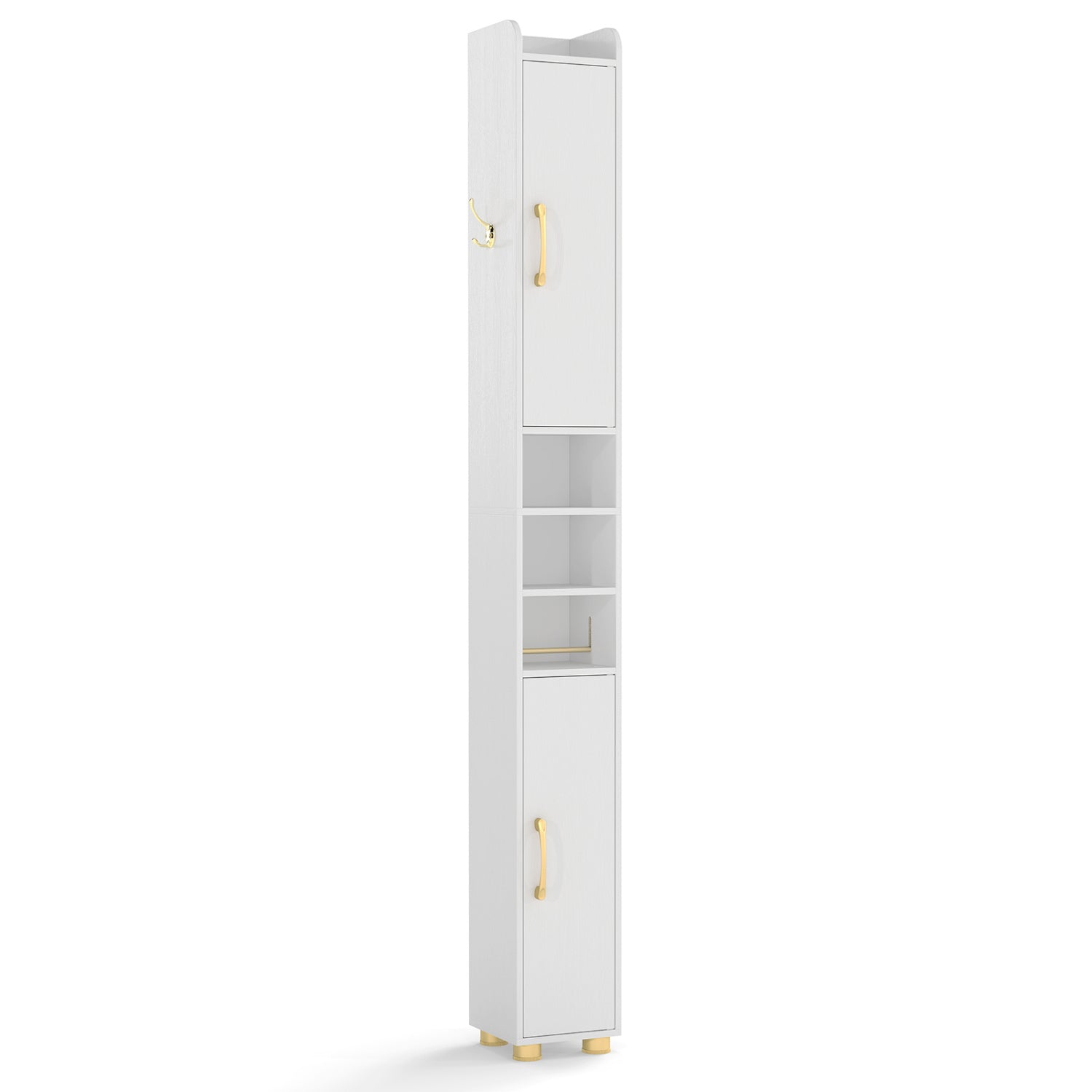 White narrow bathroom storage cabinet with open shelves and toilet paper holder, ideal for compact bathroom organization.