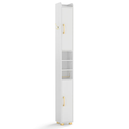 White narrow bathroom storage cabinet with open shelves and toilet paper holder, ideal for compact bathroom organization.