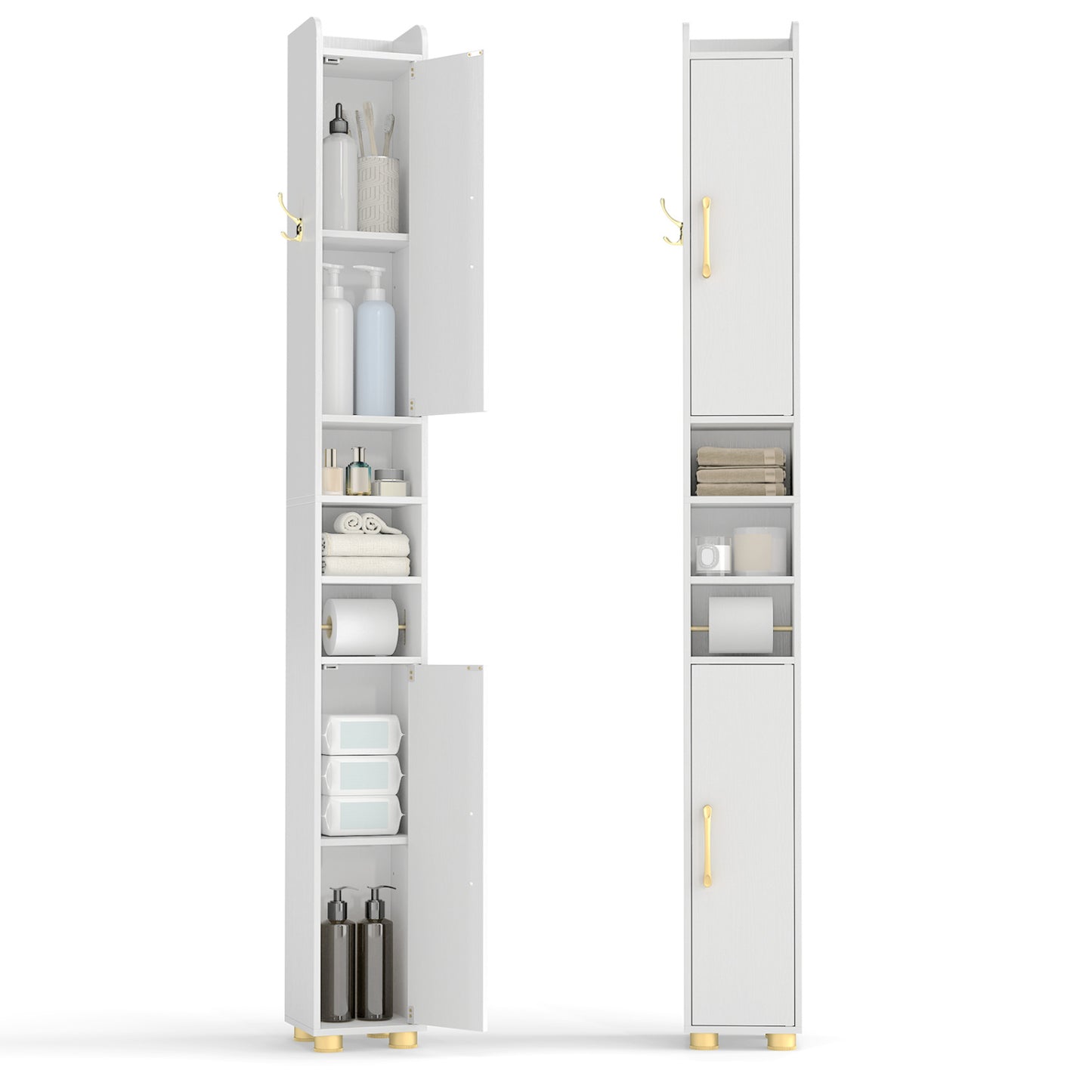 White narrow bathroom storage cabinet with open shelves and toilet paper holder, perfect for compact space organization.