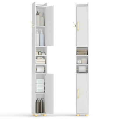 White narrow bathroom storage cabinet with open shelves and toilet paper holder, perfect for compact space organization.