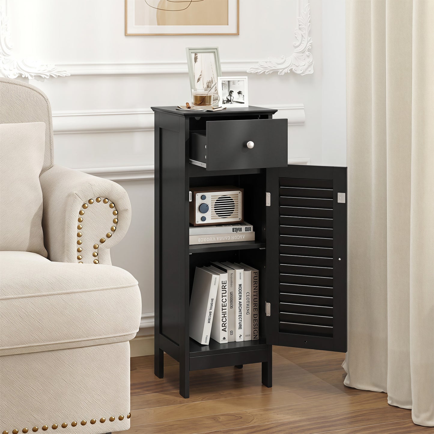 Narrow Bathroom Storage Cabinet with Adjustable Shelf and Drawer-Black