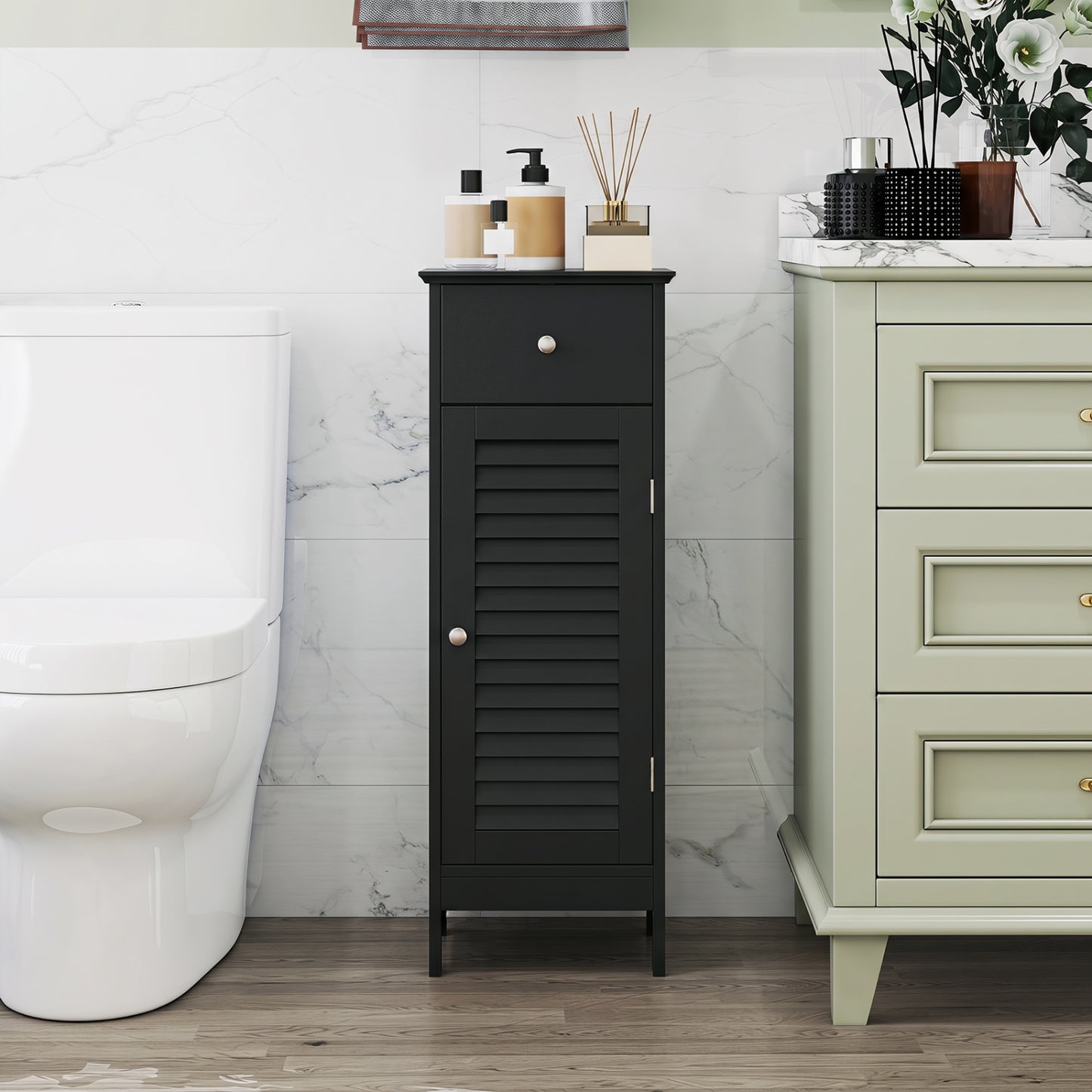 Narrow Bathroom Storage Cabinet with Adjustable Shelf and Drawer-Black