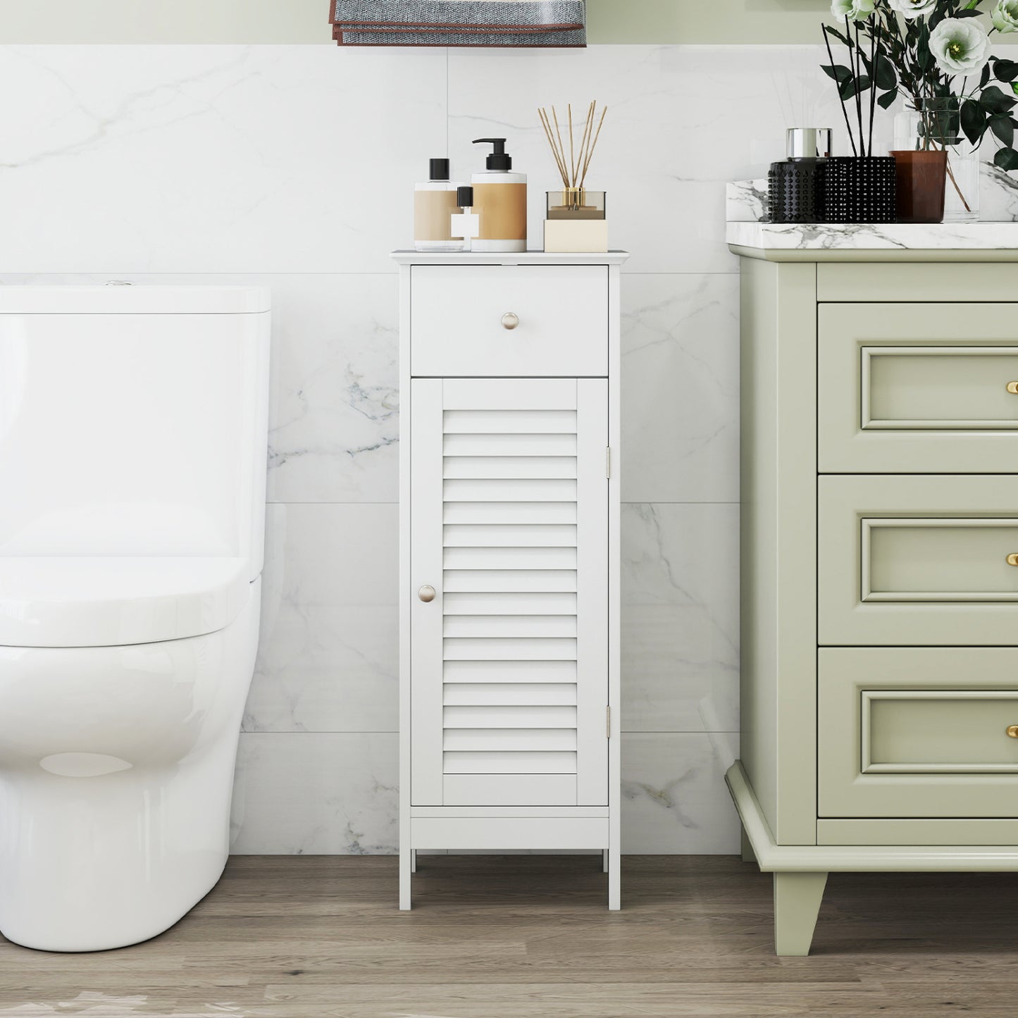 Narrow Bathroom Storage Cabinet with Adjustable Shelf and Drawer-Black