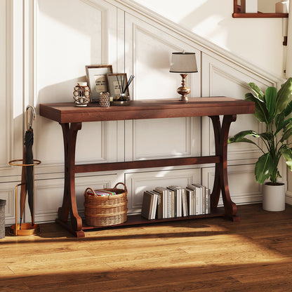 Narrow Console Table Vintage 52 Inch Long with Open Storage Shelf-Black