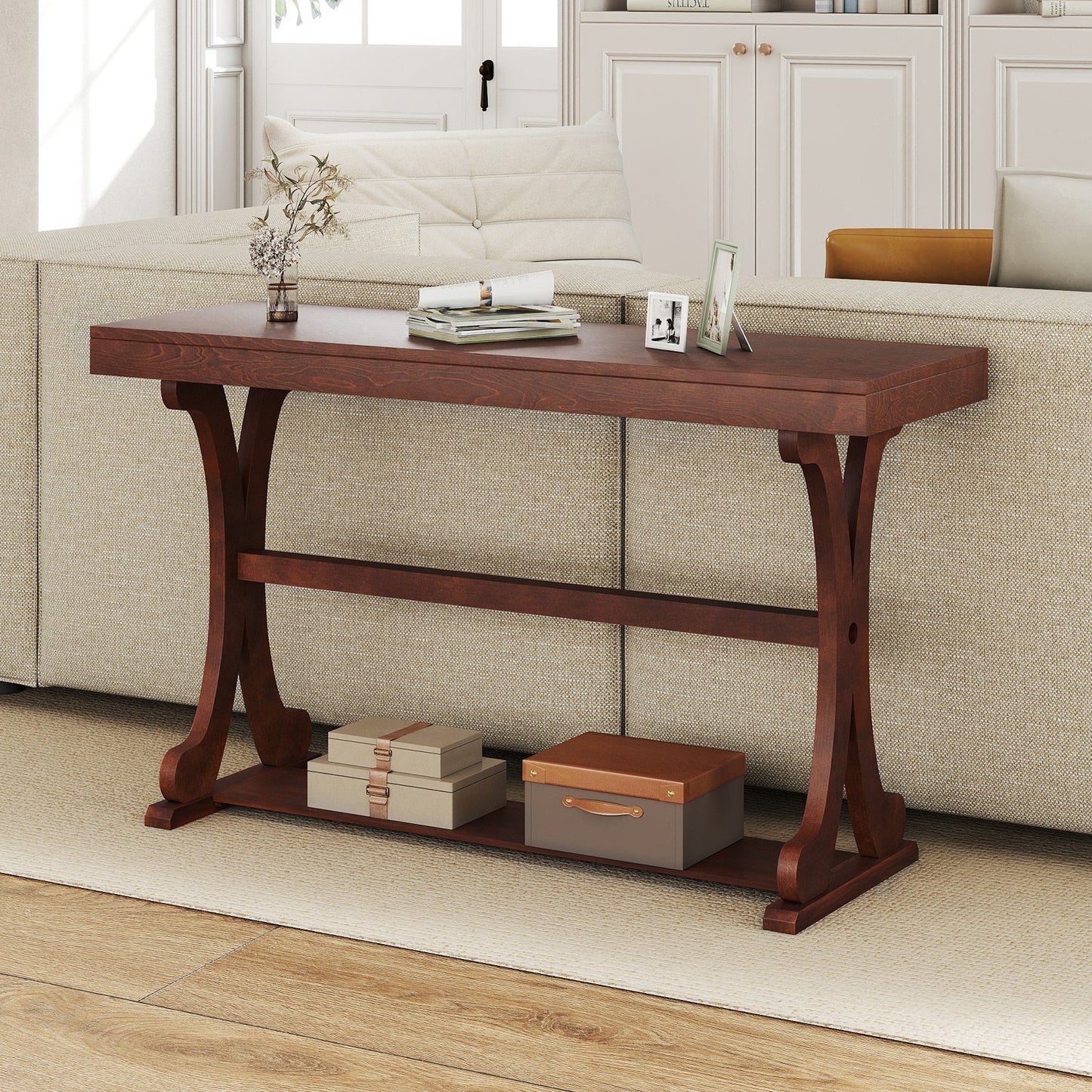 Narrow Console Table Vintage 52 Inch Long with Open Storage Shelf-Black