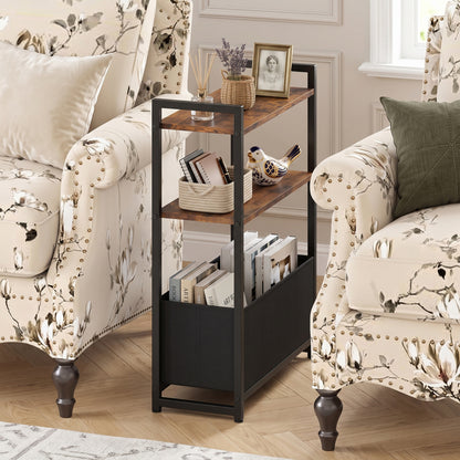 Narrow End Table with Storage Shelves and Metal Frame-Black