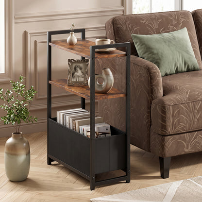 Narrow End Table with Storage Shelves and Metal Frame-Black