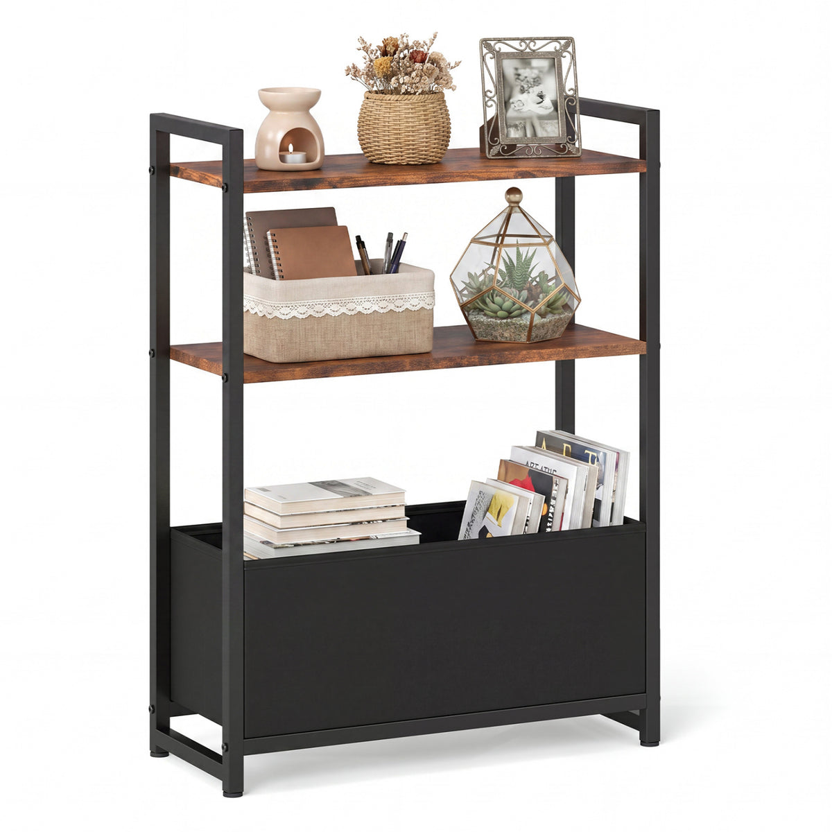 Narrow End Table with Storage Shelves and Metal Frame-Black