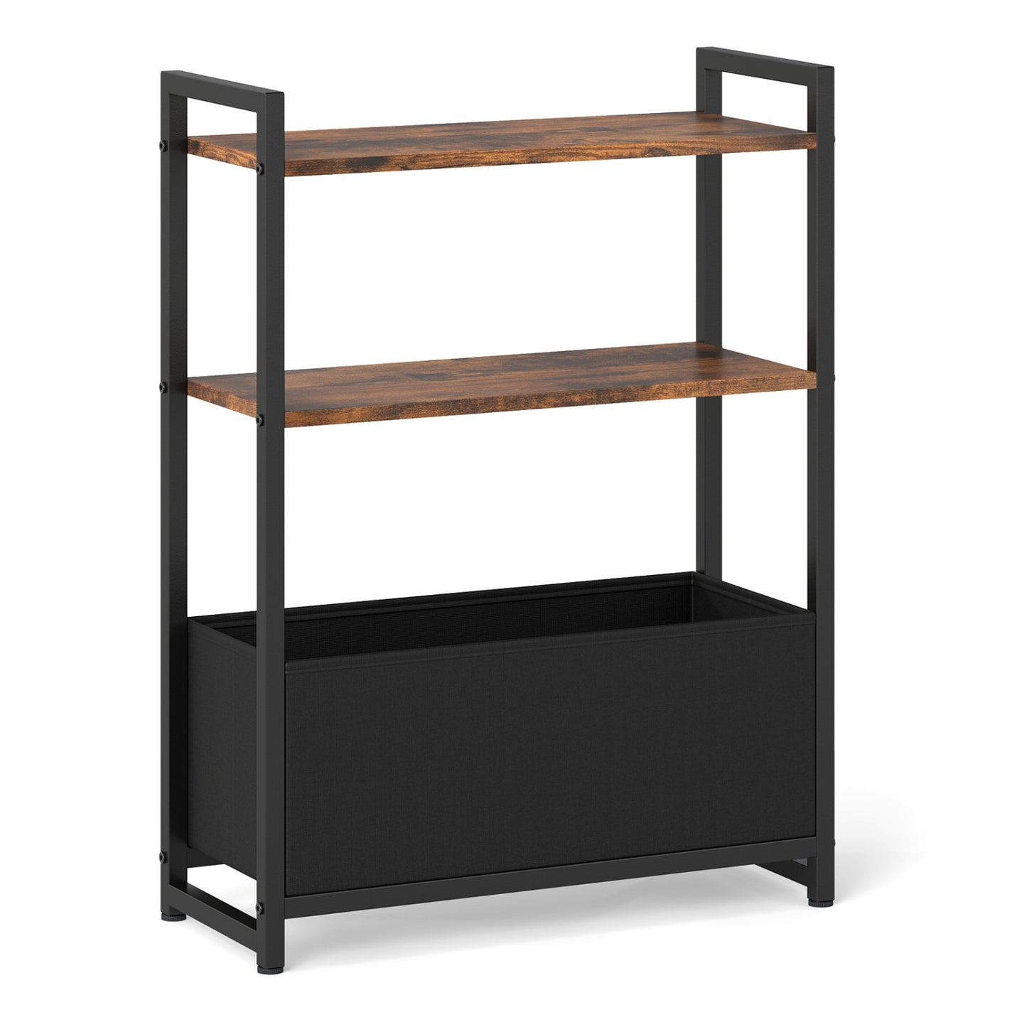 Narrow End Table with Storage Shelves and Metal Frame-Black