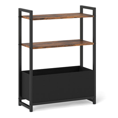 Narrow End Table with Storage Shelves and Metal Frame-Black