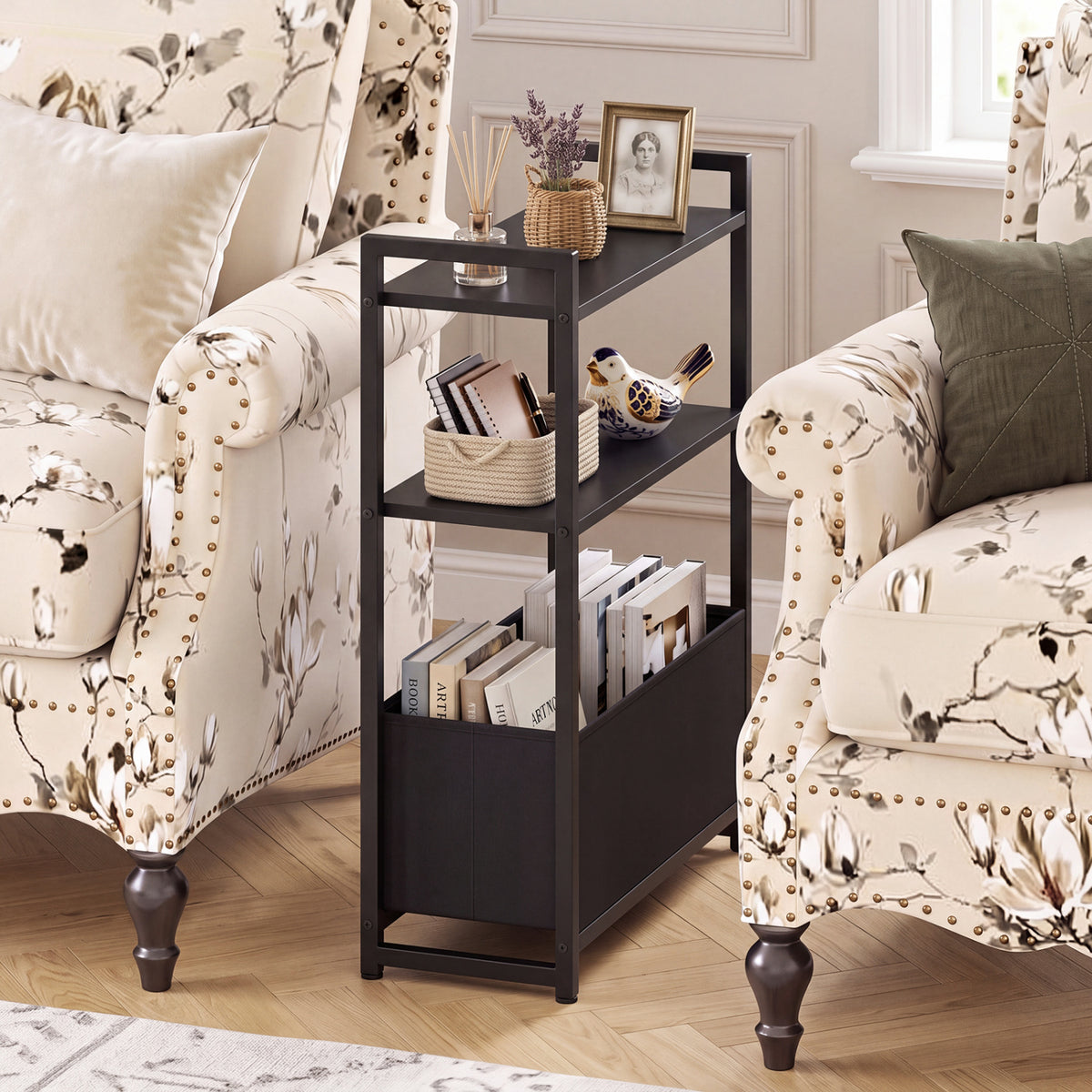 Narrow End Table with Storage Shelves and Metal Frame-Black