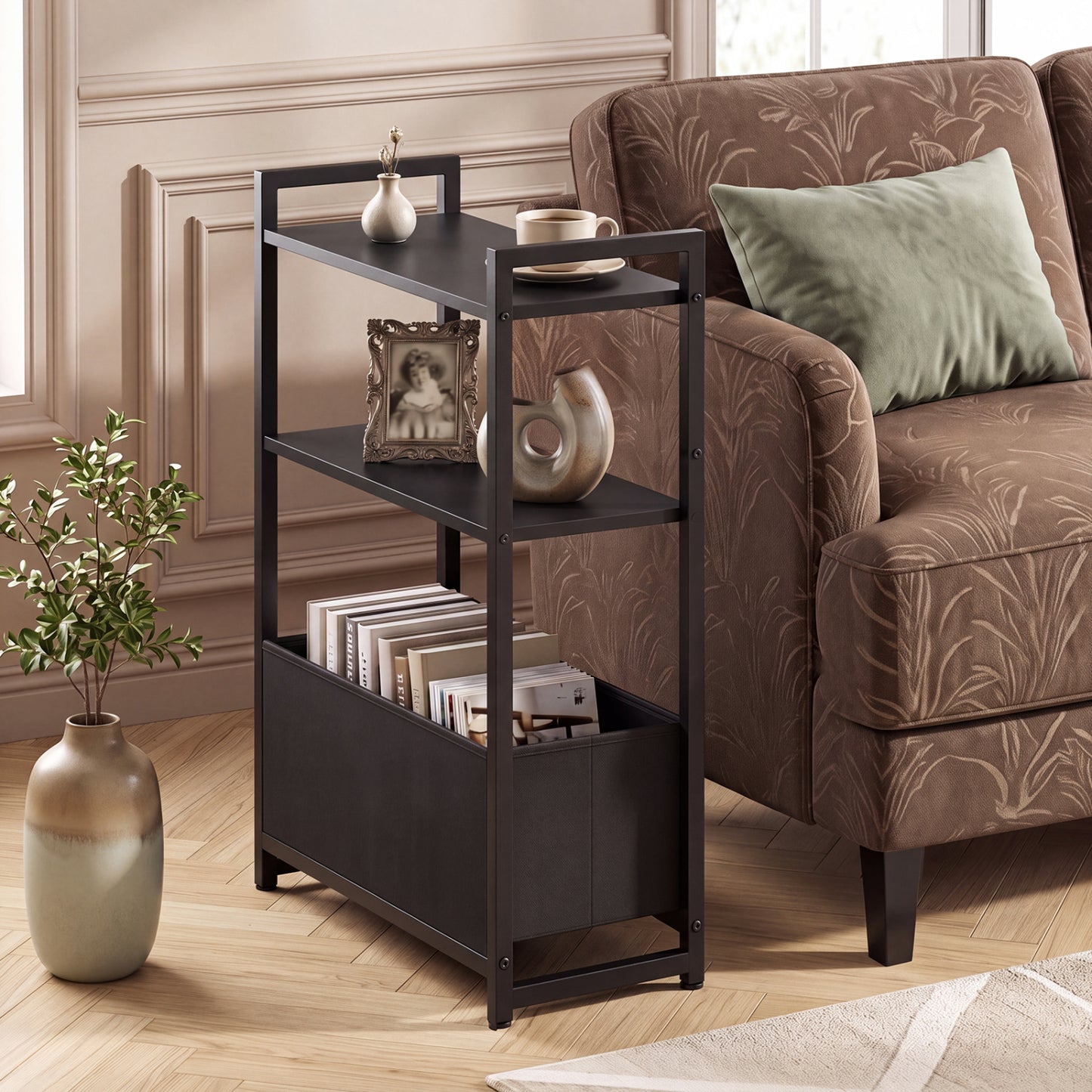 Narrow End Table with Storage Shelves and Metal Frame-Black