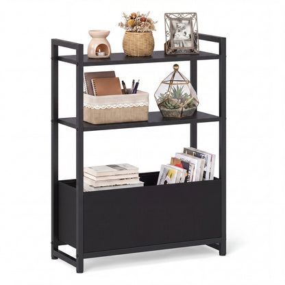 Narrow End Table with Storage Shelves and Metal Frame-Black