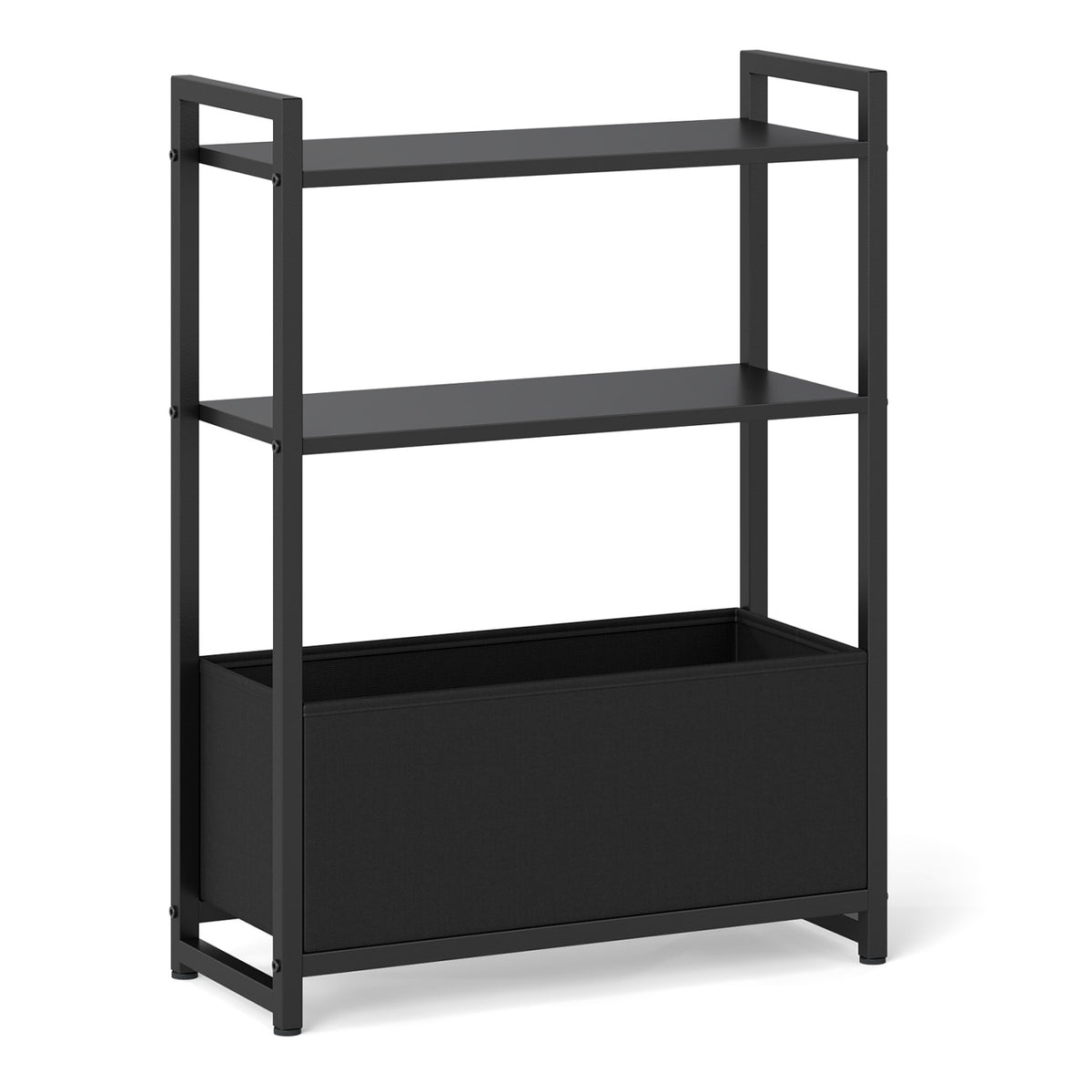 Narrow End Table with Storage Shelves and Metal Frame-Black