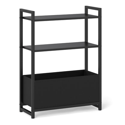 Narrow End Table with Storage Shelves and Metal Frame-Black