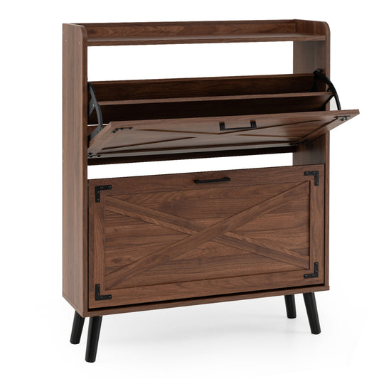 Brown narrow shoe cabinet with adjustable and removable shelves, ideal for entryway storage by Wilsons Home Store.
