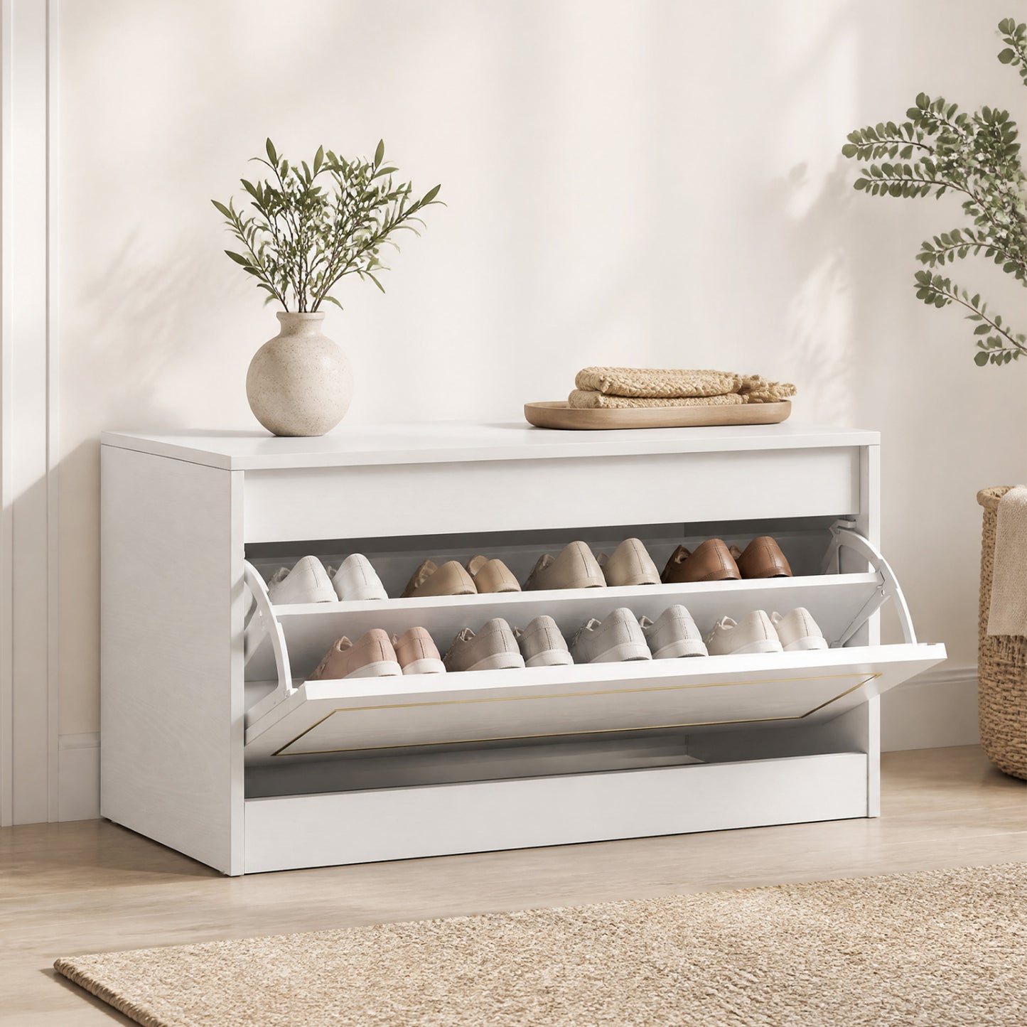 Narrow Shoe Cabinet with 1 Flip Drawer and Adjustable Shelf for Hallway-White