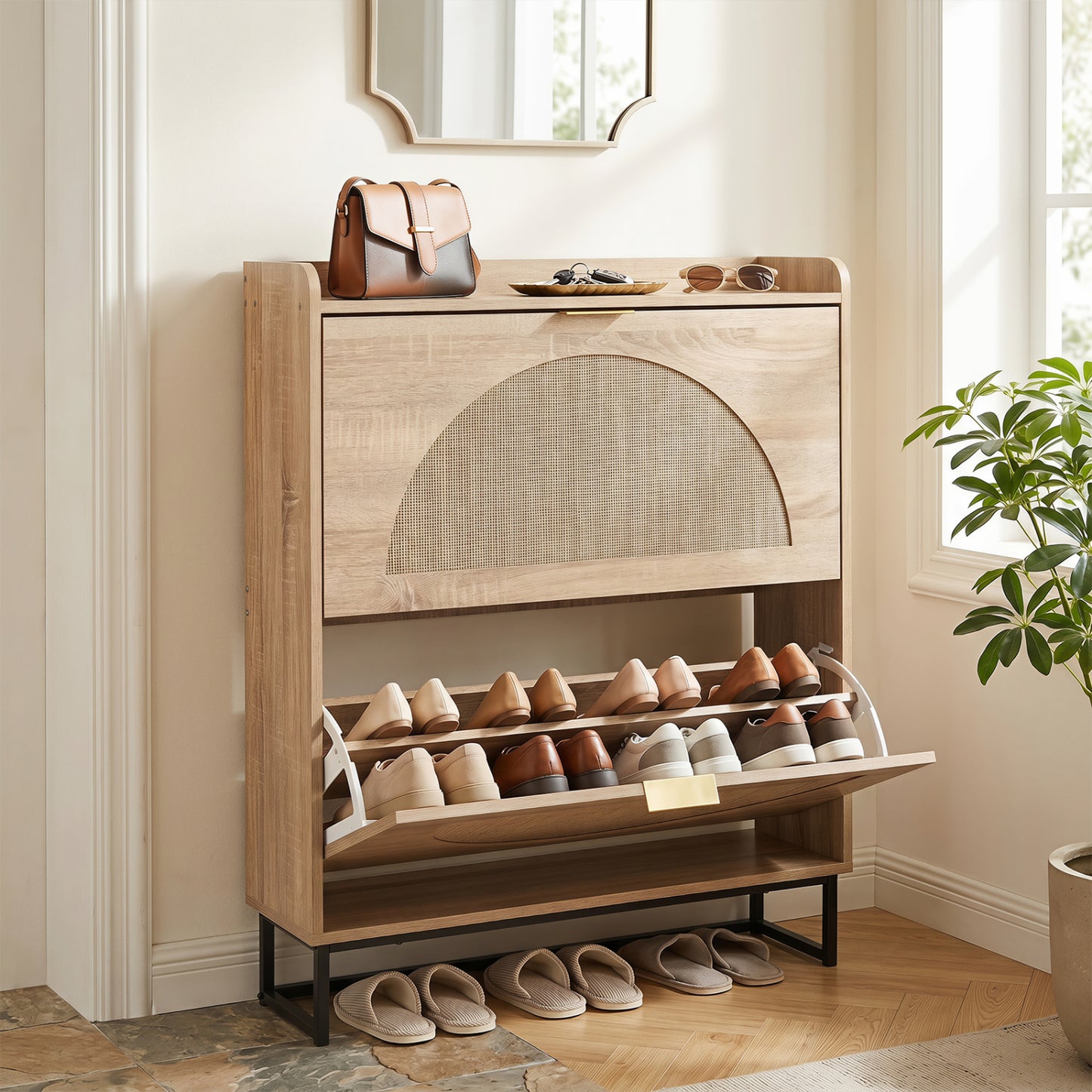 Narrow Shoe Storage Cabinet with 2 Flip Drawers and Adjustable Shelves-Natural