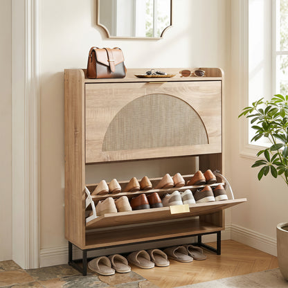 Narrow Shoe Storage Cabinet with 2 Flip Drawers and Adjustable Shelves-Natural