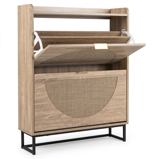 Natural wood narrow shoe storage cabinet with 2 flip drawers and adjustable shelves for organized entryway storage.