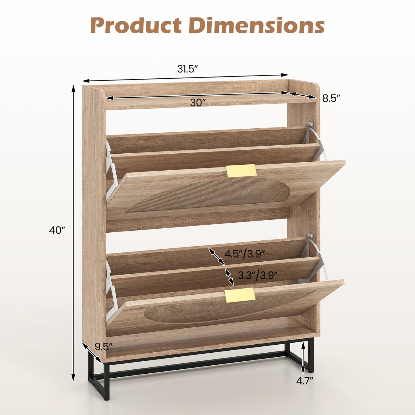 Narrow Shoe Storage Cabinet with 2 Flip Drawers and Adjustable Shelves-Natural