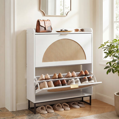 Narrow Shoe Storage Cabinet with 2 Flip Drawers and Adjustable Shelves-Natural