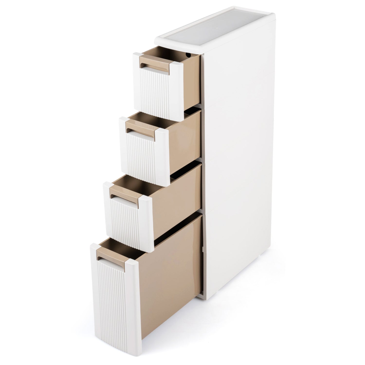 Narrow Wilsons Home Store bathroom floor storage cabinet with drawers and removable dividers for organized bathroom storage.
