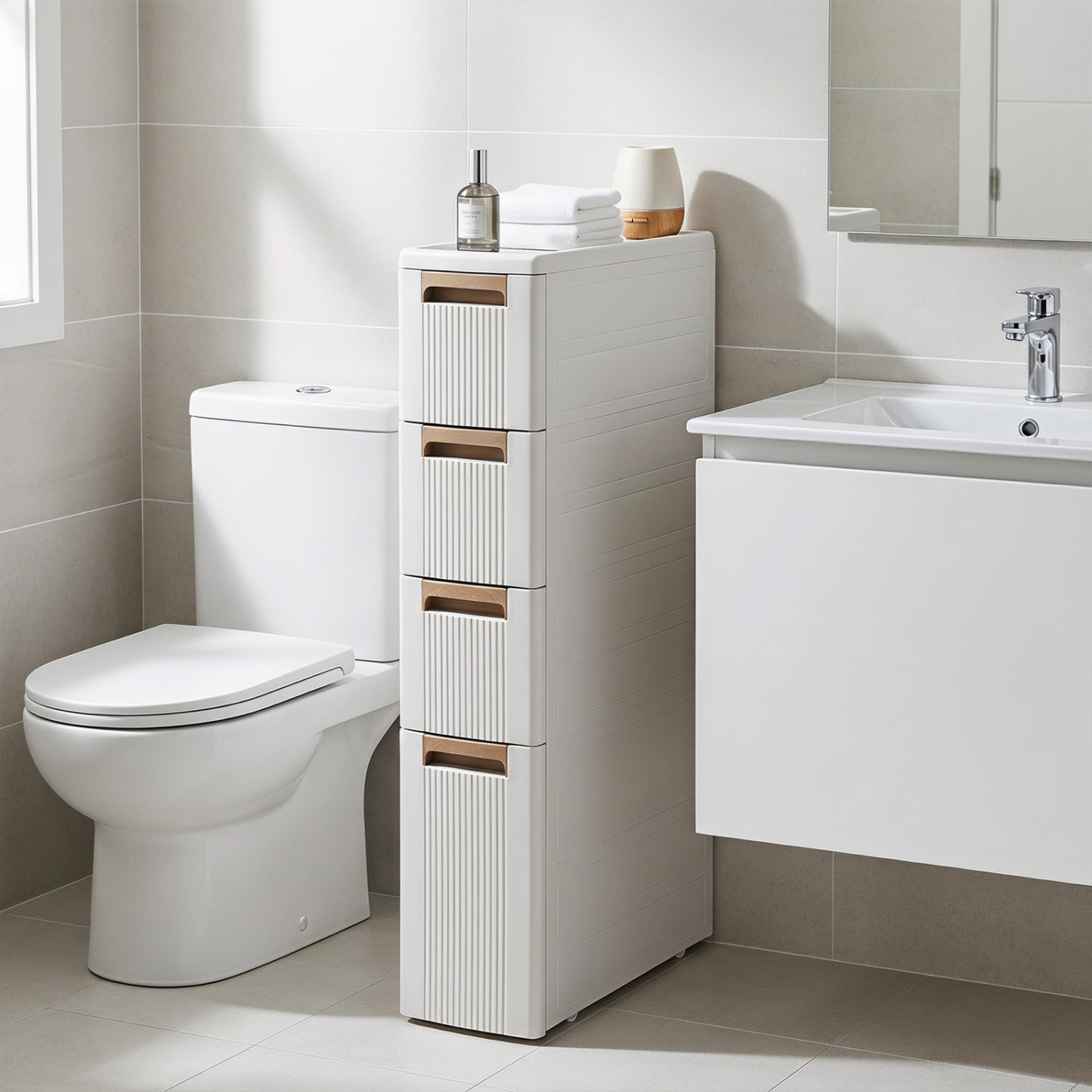 Narrow bathroom storage cabinet with drawers and removable dividers, black finish, ideal for floor organization.