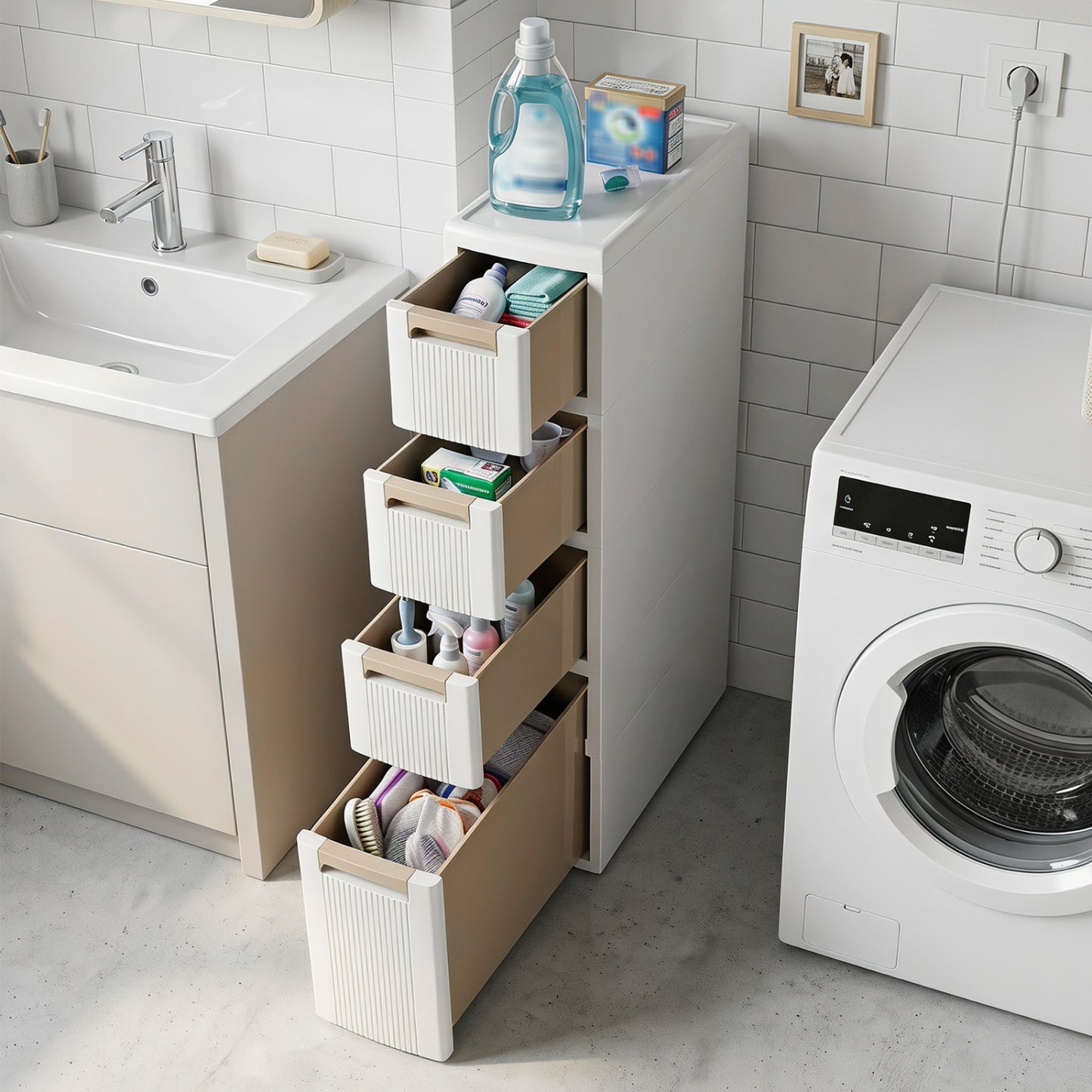 Narrow white storage cabinet with drawers and removable dividers, ideal for bathroom floor organization, by Wilsons Home Store.