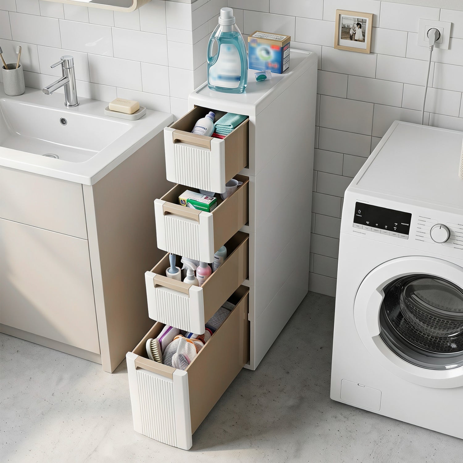Narrow white storage cabinet with drawers and removable dividers, ideal for bathroom floor organization, by Wilsons Home Store.