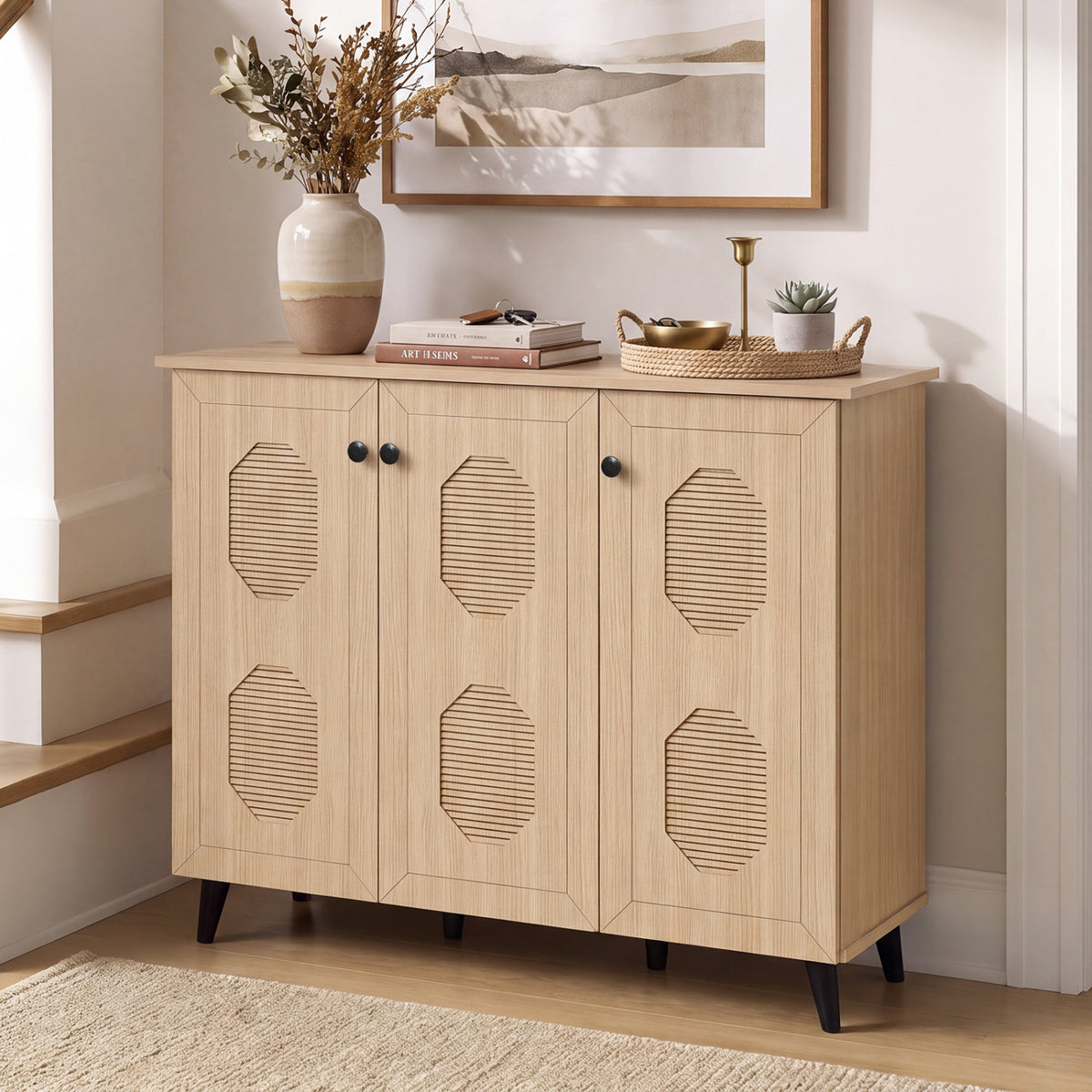 Natural Shoe Cabinet with 3 Doors Freestanding Closed Footwear Storage Unit for Entryway Hallway-Natural